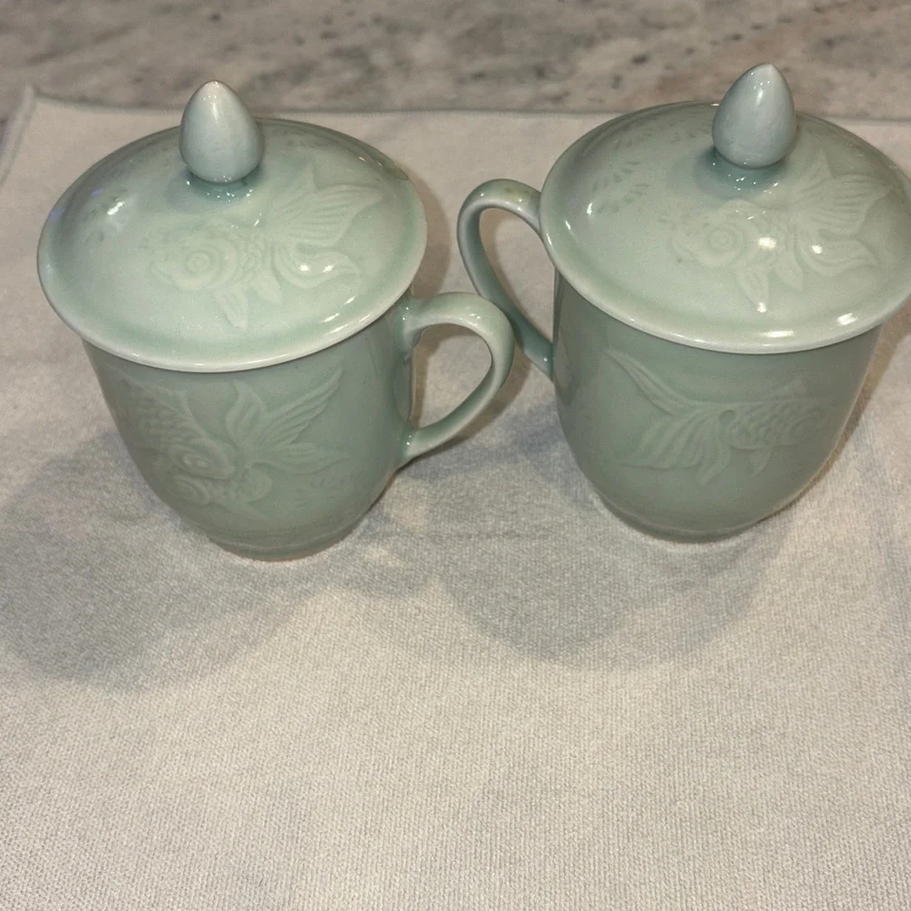 Vintage Pier 1 Elegant celadon koi fish Mugs with Lids